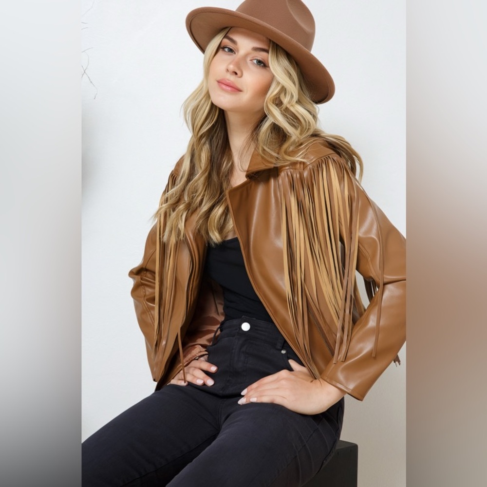 Camel/Brown Fringe Faux Leather Jacket